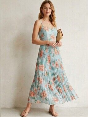 GUESS Romantic Cottagecore Light Floral Sleeveless Pleated Maxi Dress Size 2